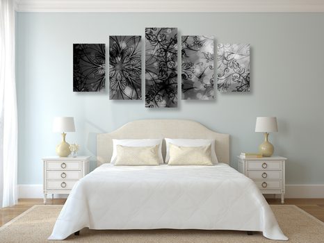 TABLOU 5-PIESE MANDALE FLORALĂ ÎN DESIGN ALB-NEGRU - TABLOURI ALB-NEGRU - TABLOURI