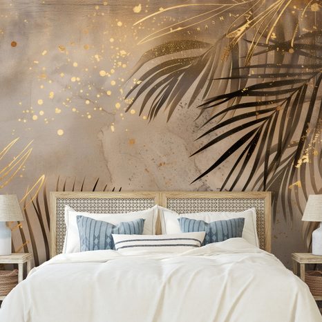FOTOMURAL HOJAS DE PALMERA DORADAS SOBRE GRIS - FOTOMURALES - OUTLET 🔥