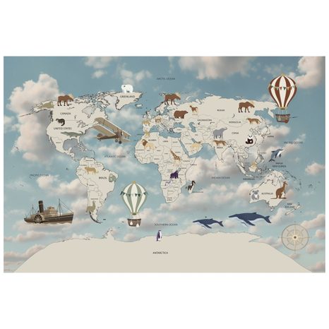 SAMOLEPÍCÍ TAPETA ILUSTROVANÁ MAPA SVĚTA S BALÓNKY - DĚTSKÉ TAPETY - TAPETY