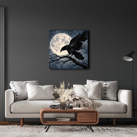QUADRO SU TELA – CORVO NERO SOTTO LA LUNA PIENA - QUADRI HALLOWEEN E HORROR - STAMPE E QUADRI