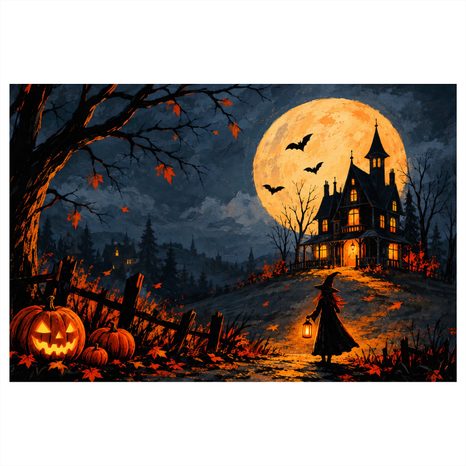 QUADRO SU TELA – CASA STREGATA SOTTO LA LUNA PIENA - QUADRI HALLOWEEN E HORROR - STAMPE E QUADRI