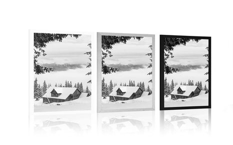 POSTER – CASETTA DI LEGNO TRA I PINI INNEVATI IN BIANCO E NERO - NERO E BIANCO - POSTER