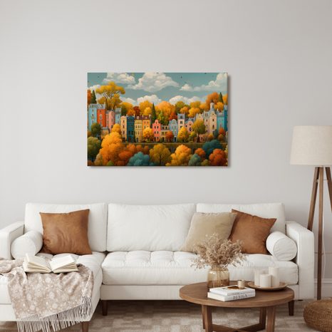 WANDBILD HERBSTSTADT ZWISCHEN BÄUMEN - BUNTE HÄUSER - BILDER