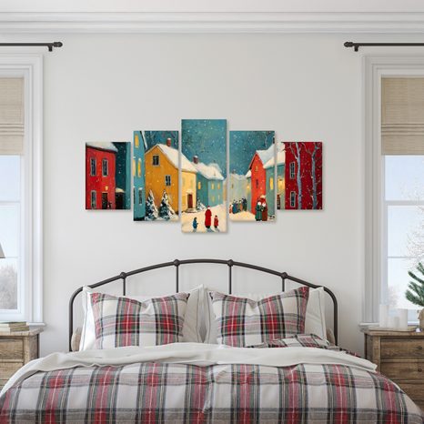 5-DIELNY OBRAZ ZIMNÁ DEDINKA POD SNEHOM - VIANOČNÉ A ZIMNÉ OBRAZY - OBRAZY