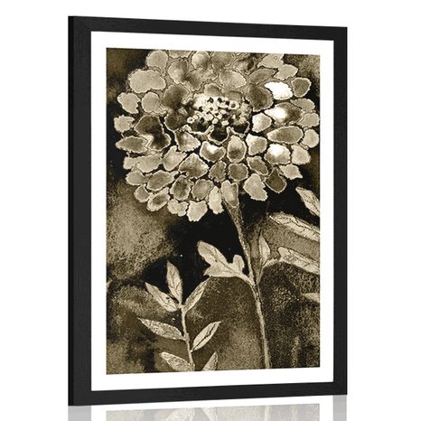 POSTER MIT PASSEPARTOUT WUNDERSCHÖNE BLUMEN IN SEPIA - SCHWARZ-WEISS - POSTER