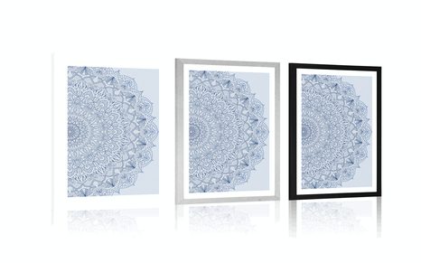 PLAKAT S PASPARTUOM DETALJNA MANDALA U PLAVOJ BOJI - FENG SHUI - PLAKATI