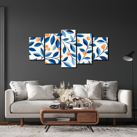 TABLEAU EN 5 PARTIES – BRANCHES BLEUES AUX FRUITS - TABLEAUX ARBRES ET FEUILLES - TABLEAUX