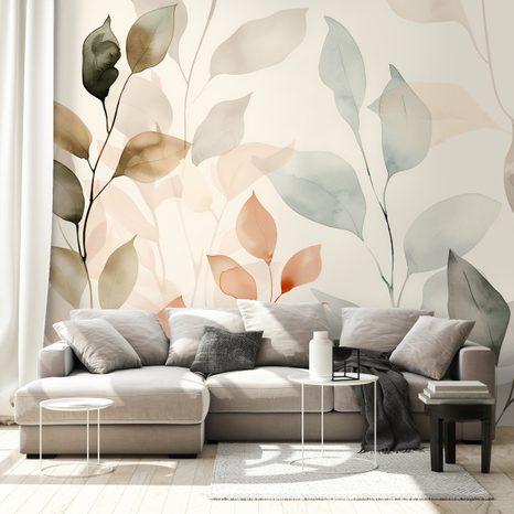 FOTOTAPET AUTOADEZIV FRUNZE ACUARELĂ DELICATE ÎN TONURI PASTEL - TAPETE FRUNZE - TAPETURI