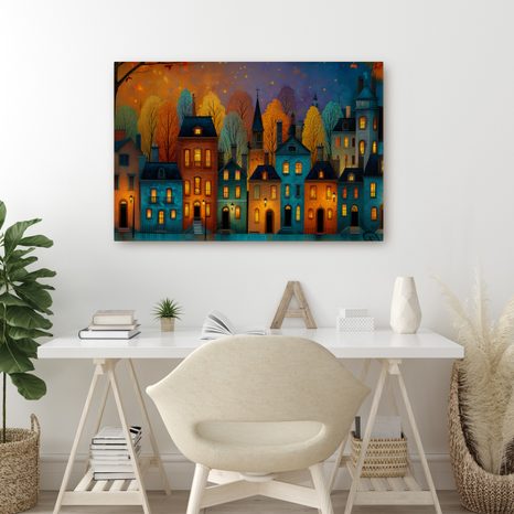 OBRAZ PODZIMNÍ VEČER V ULICÍCH - BAREVNÉ DOMY - OBRAZY