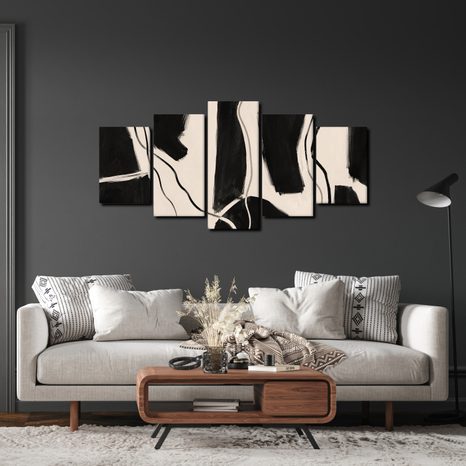 TABLEAU EN 5 PARTIES – LIGNES NOIRES ABSTRAITES - IMAGES FORMES ABSTRAITES - TABLEAUX