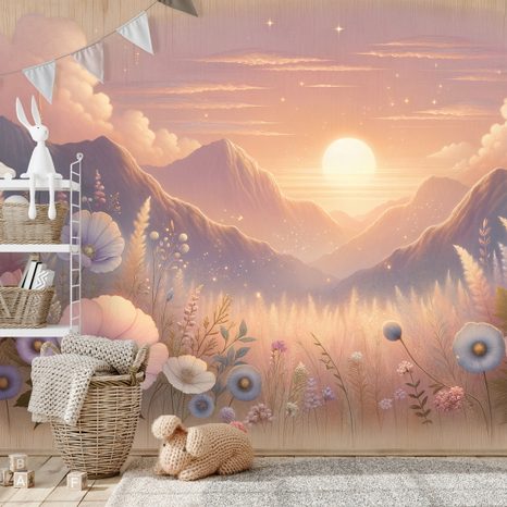 CARTA DA PARATI – PAESAGGIO PASTELLO CON FIORI AL TRAMONTO - CARTA DA PARATI ALBA E TRAMONTO - CARTA DA PARATI