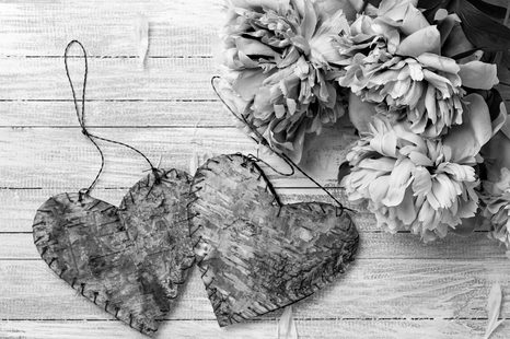 WANDBILD PFINGSTROSEN UND BIRKENHERZEN IN SCHWARZ-WEISS - SCHWARZ-WEISSE BILDER - BILDER