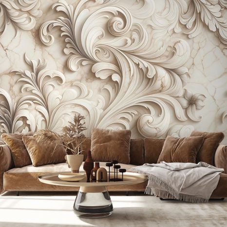 SAMOLEPÍCÍ TAPETA ELEGANTNÍ BÉŽOVÉ ORNAMENTY NA MRAMORU - ΤΑΠΕΤΣΑΡΊΑ ΜΕ ΣΧΈΔΙΑ - ΤΑΠΕΤΣΑΡΊΕΣ