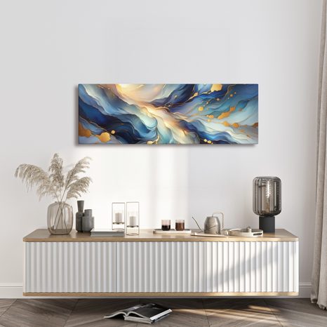 WANDBILD BLAU-GOLDENE STRÖMUNG - WANDBILDER ABSTRAKTE FORMEN - BILDER