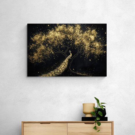 WANDBILD GOLDENER PFAU AUF DEM BAUM - WANDBILDER PFAUEN - BILDER