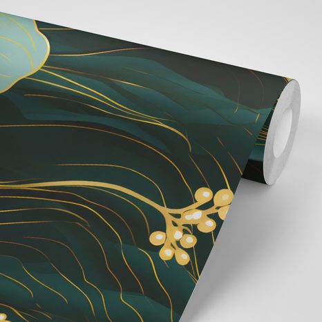 TAPETE LUXURIÖSE GRÜN-GOLDENE BLUME - TAPETEN MIT BLUMENMOTIVEN - TAPETEN