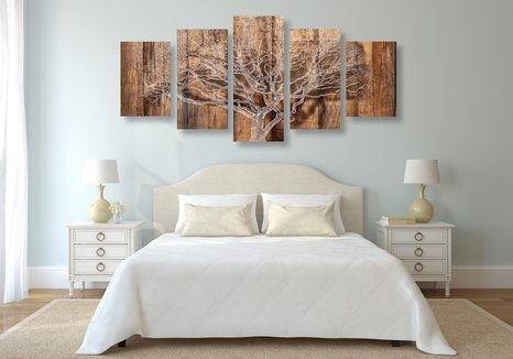 5-PIECE CANVAS PRINT TREE WITH THE IMITATION OF A WOODEN BASE - PICTURES OF NATURE AND LANDSCAPE - PICTURES