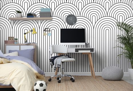 TAPETE SCHWARZ-WEISSES REGENBOGEN-MUSTER MID-CENTURY - GEMUSTERTE TAPETEN - TAPETEN