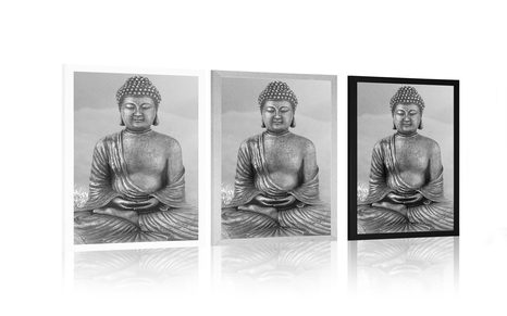 PLAKÁT SOCHA BUDDHY V MEDITUJÍCÍ POLOZE V ČERNOBÍLÉM PROVEDENÍ - FENG SHUI - PLAKÁTY