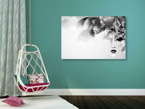 OBRAZ MÓDNÍ ŽENSKÁ TVÁŘ S ABSTRAKTNÍMI PRVKY V ČERNOBÍLÉM PROVEDENÍ - ČERNOBÍLÉ OBRAZY - OBRAZY