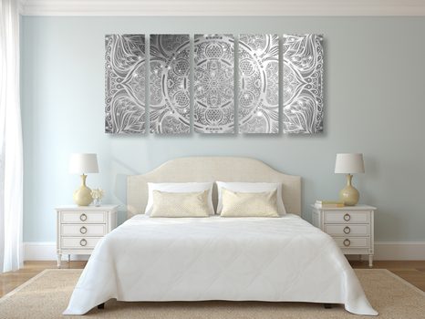 5-DÍLNÝ OBRAZ INDICKÁ MANDALA S GALAKTICKÝM POZADÍM V ČERNOBÍLÉM PROVEDENÍ - ČERNOBÍLÉ OBRAZY - OBRAZY