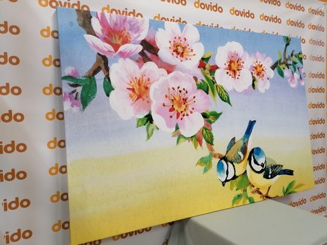 OBRAZ SÝKORKY A KVETOUCÍ KVĚTINY - VINTAGE A RETRO OBRAZY - OBRAZY