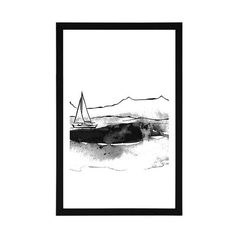 POSTER WITH MOUNT YACHT AT SEA IN BLACK AND WHITE - BLACK AND WHITE - POSTERS