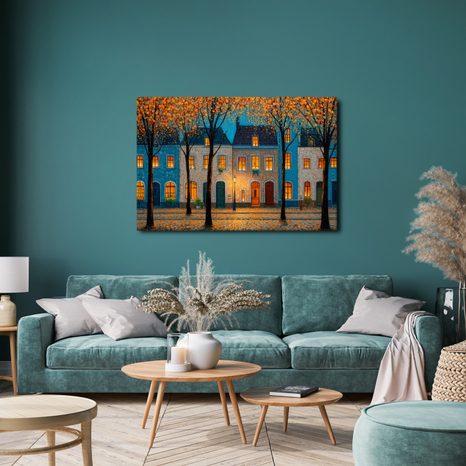 OBRAZ PODZIMNÍ VEČER V ULICI - BAREVNÉ DOMY - OBRAZY