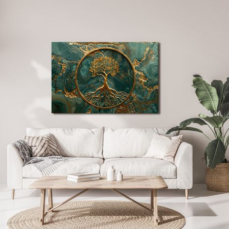 SLIKA ZLATNO STABLO ŽIVOTA NA SMARAGDNOJ POZADINI - SLIKE STABLA ŽIVOTA - SLIKE