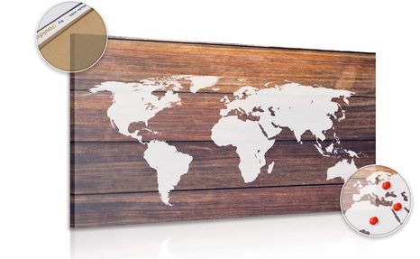 PICTURE ON CORK WORLD MAP WITH WOODEN BACKGROUND