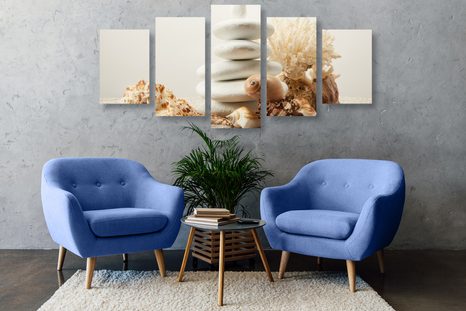 5-TEILIGES WANDBILD ZEN-STEINE MIT MUSCHELN - BILDER MIT FENG SHUI-MOTIVEN - BILDER