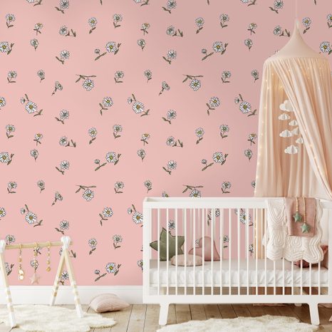 TAPETA RŮŽOVÉ POZADÍ S BÍLÝMI KVÍTKY - VZOROVANÉ TAPETY - TAPETY