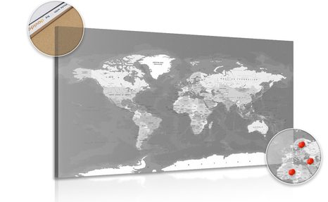 DECORATIVE PINBOARD STYLISH VINTAGE BLACK AND WHITE WORLD MAP - PICTURES ON CORK - PICTURES