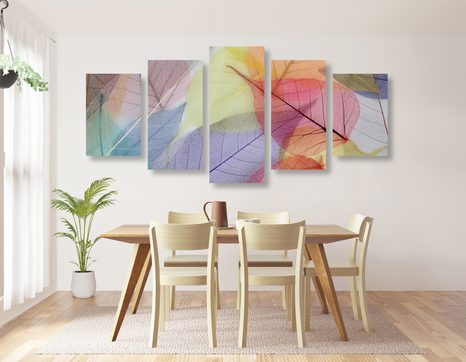 5-CZĘŚCIOWY OBRAZ ŻYŁKI NA KOLOROWYCH LIŚCIACH - OBRAZY MARTWA NATURA - OBRAZY