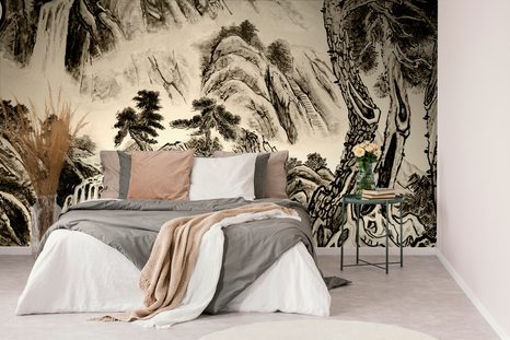 TAPETA ČÍNSKÁ SÉPIOVÁ KRAJINOMALBA - ČERNOBÍLÉ TAPETY - TAPETY