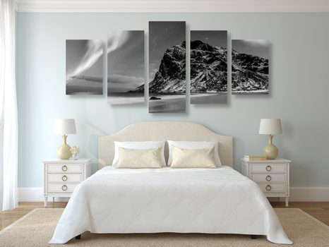TABLOU 5-PIESE AURORA POLARĂ ÎN NORVEGIA ÎN DESIGN ALB-NEGRU - TABLOURI ALB-NEGRU - TABLOURI