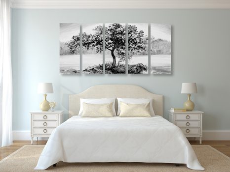 5-DÍLNÝ OBRAZ ORIENTÁLNÍ TŘEŠEŇ V ČERNOBÍLÉM PROVEDENÍ - ČERNOBÍLÉ OBRAZY - OBRAZY