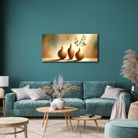 WANDBILD GOLDENE VASEN MIT BLÄTTERN - BOTANISCHE BILDER - BILDER