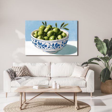 TABLEAU SUR TOILE – OLIVES VERTES DANS UN BOL - TABLEAUX DE NATURES MORTES - TABLEAUX