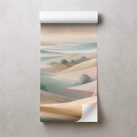 SAMOLEPÍCÍ FOTOTAPETA PASTELOVÁ KRAJINA S JEMNÝMI KOPEČKY - TAPETY POLE A LOUKY - TAPETY
