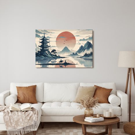 OBRAZ JAPONSKÁ KRAJINA S JEZDCEM - OBRAZY VÝCHOD A ZÁPAD SLUNCE - OBRAZY