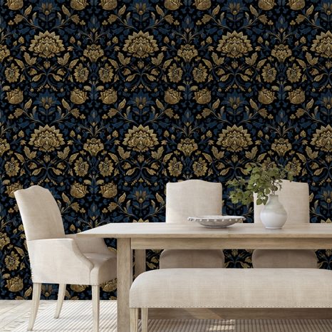 TAPETE GOLDENE BLUMEN AUF DUNKLEM HINTERGRUND - GEMUSTERTE TAPETEN - TAPETEN