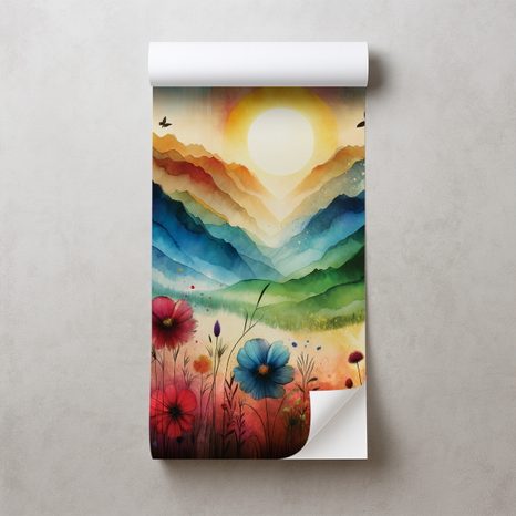 SAMOLEPÍCÍ TAPETA BAREVNÁ HORSKÁ KRAJINA S KVĚTINAMI - TAPETY HORY - TAPETY