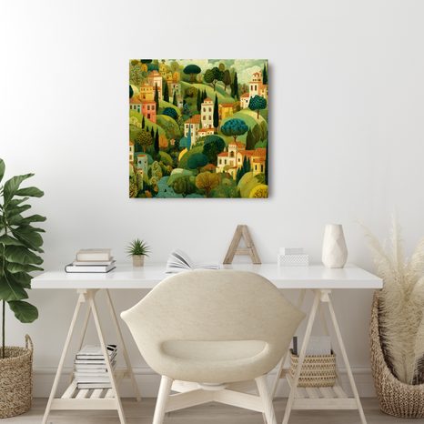 WANDBILD DÖRFLICHE HÄUSER ZWISCHEN BÄUMEN - BUNTE HÄUSER - BILDER