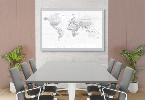 WANDBILD KLASSISCHE SCHWARZ-WEISSE WELTKARTE MIT GRAUEM RAND - WELTKARTEN ALS BILDER - BILDER