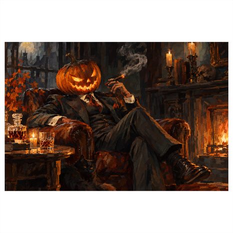 QUADRO SU TELA – GENTILUOMO ZUCCA ACCANTO AL CAMINO - QUADRI HALLOWEEN E HORROR - STAMPE E QUADRI