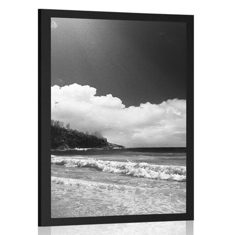 POSTER WUNDERSCHÖNER STRAND AUF DER SEYCHELLEN-INSEL IN SCHWARZ-WEISS - SCHWARZ-WEISS - POSTER