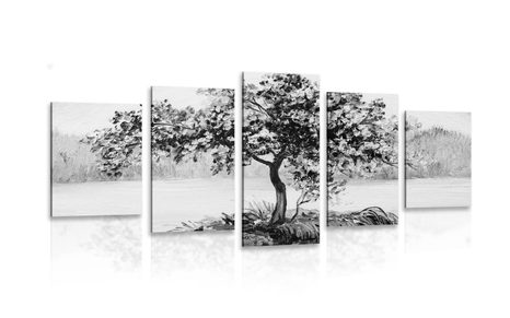 5-PIECE CANVAS PRINT ORIENTAL CHERRY IN BLACK AND WHITE - BLACK AND WHITE PICTURES - PICTURES