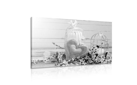 КАРТИНА НА ПЛАТНО – ВИНТИДЖ СЪРЧИЦЕ И ФЕНЕРЧЕТА В ЧЕРНО-БЯЛ ВАРИАНТ - ЧЕРНО-БЕЛИ КАРТИНИ - КАРТИНИ