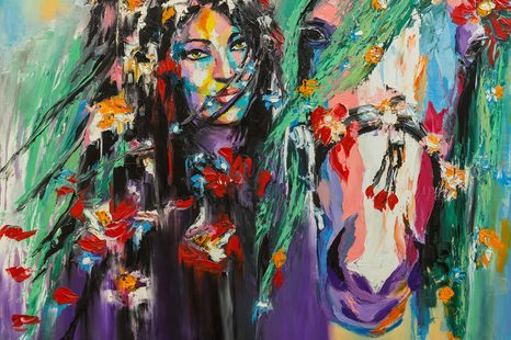 TAPETA OLEJOMALBA ŽENA A KŮŇ - TAPETY S IMITACÍ MALEB - TAPETY